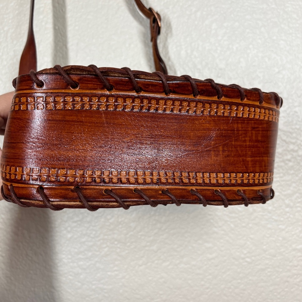 Vintage 70’s Genuine Leather Stitched Embossed Crossbody Bag Mexican Boho - Picture 7 of 11